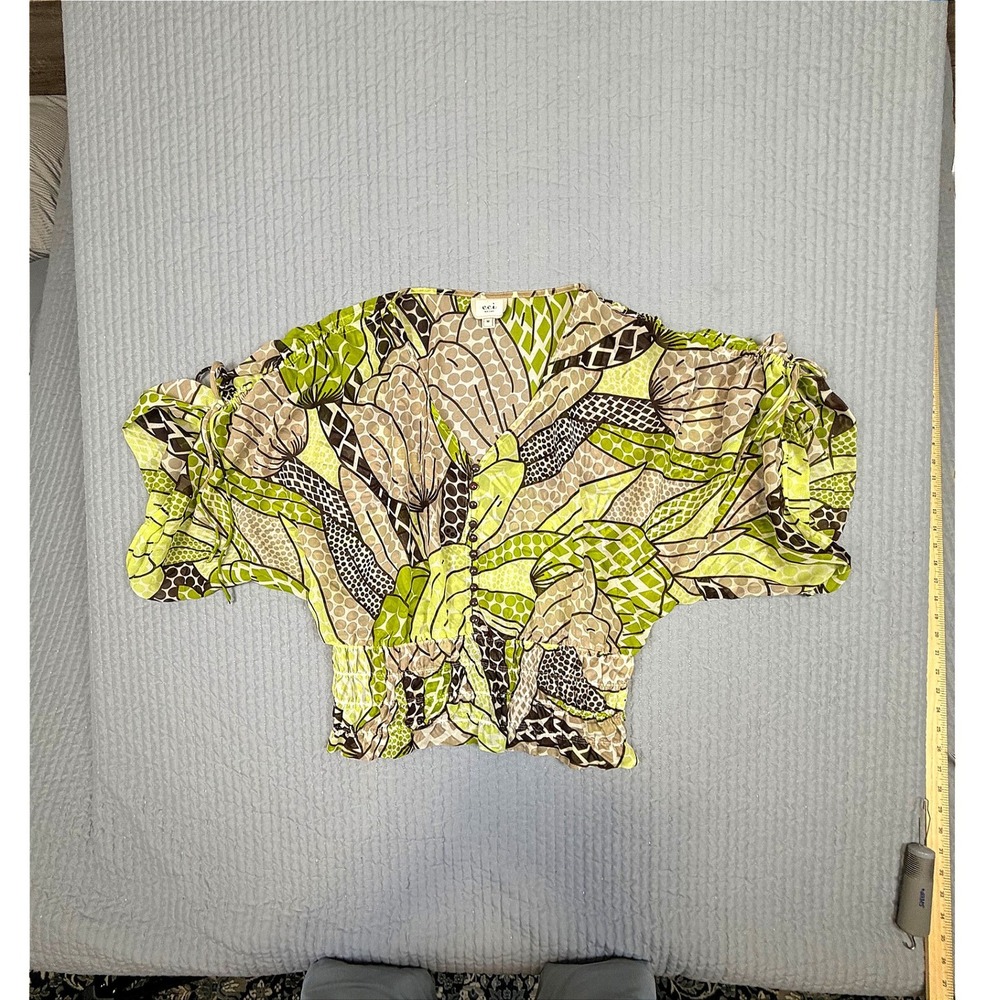 ECI New York Women Green Tan Abstract Floral Smocked Waist Dolman Blouse Medium
